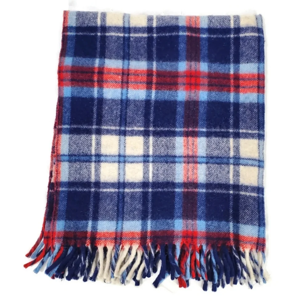 Vintage Curvon Royal Pure Wool Blue Plaid Lap Blanket 34.5